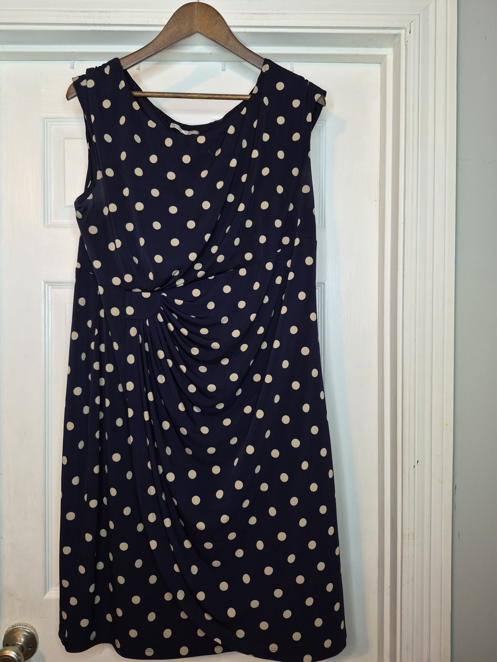 Signature Sadie Sleeveless Black Polka Dot Gathered-Front Dress 18W